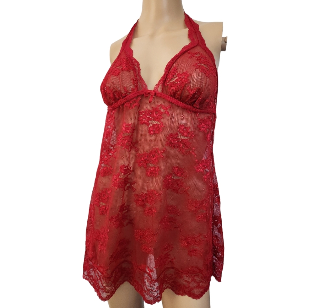 Red Lace Sheer Halter Nightgown – Sexy Lingerie for Women XL